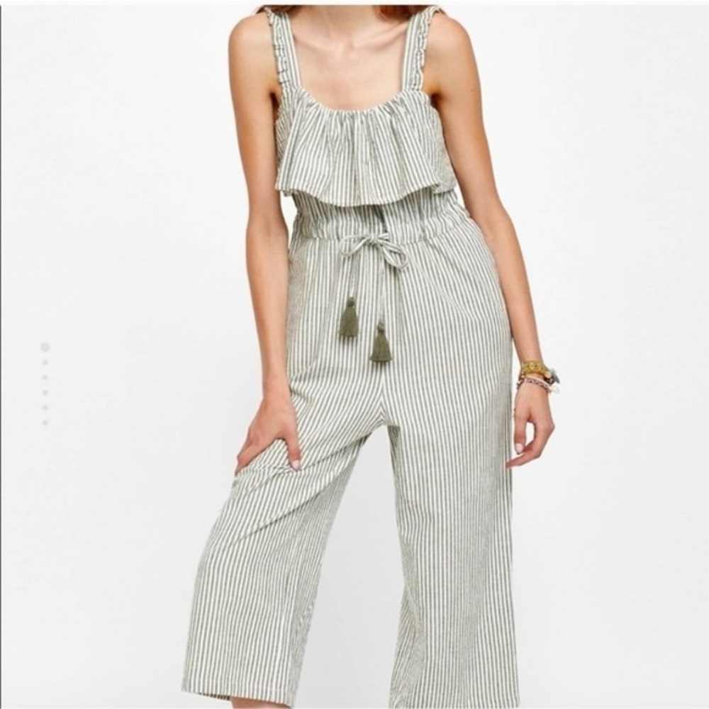 Zara Green and White Jumpsuit with Wide-Leg Cropped Pants